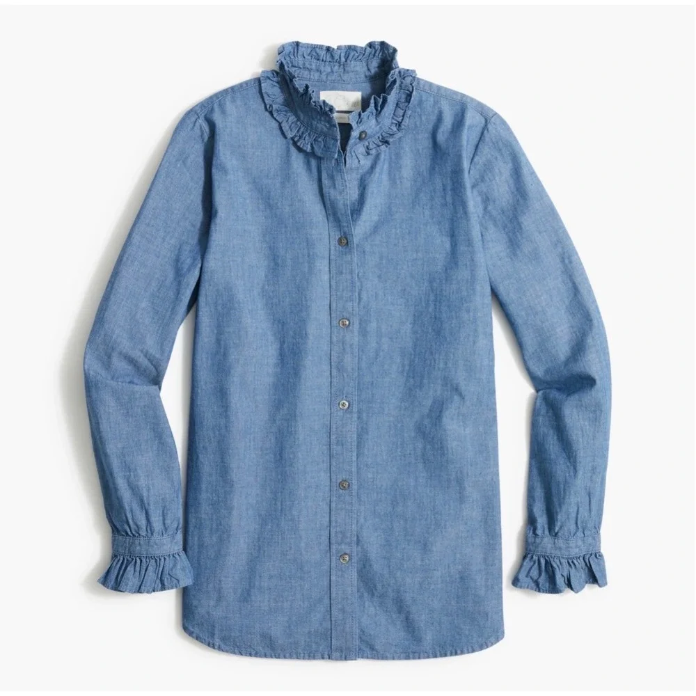 J. Crew Womens Ruffle Collar Chambray Shirt Blue Classic Fit Size 8 NEW!